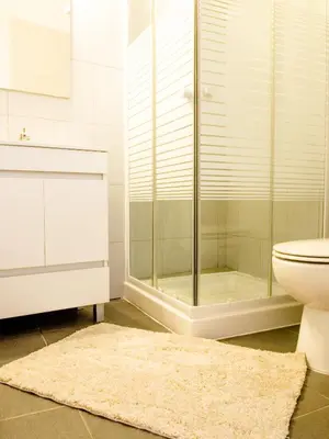 a bathroom with a shower and a toilet and a rug at Alagoa Terrace Guesthouse in Faro