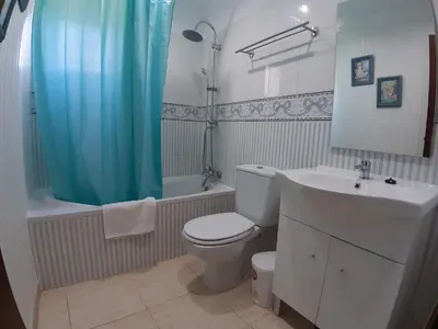 a bathroom with a blue shower curtain and a toilet and sink at Quinta Vita - Vila Maça in Loulé