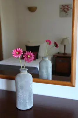 two vases with flowers on a table in front of a mirror at Casa Alves - Villa with private heated swimming pool in Olhos de Água
