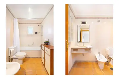 two pictures of a bathroom with a sink and a toilet at WHome | Vilamoura Family Apartment in Quarteira