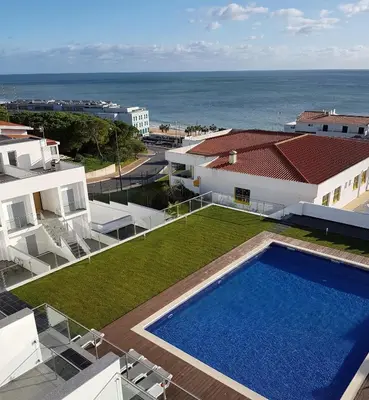 an aerial view of a house with a swimming pool at 