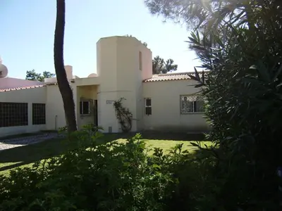 a white house with a palm tree in front of it at Villa Oceano Golf 482 2 Bedrooms Sea Views A Stone's Throw To The Beach in Vale do Lobo