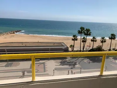 a train on the beach with palm trees and the ocean at Apartamento Frente praia in Quarteira
