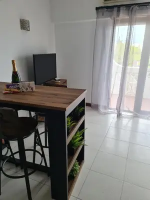 a desk in a room with a table with plants at 1 bedroomed Apartment - Ocean View - Oura - Beach in Albufeira