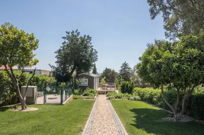 a path through a garden with trees and a house at Cabana Gardenhouse in Loulé
