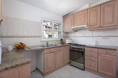 a kitchen with wooden cabinets and a stove top oven at Villa Animado by Villa Plus in Albufeira