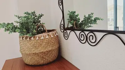 two potted plants sitting on a table next to a window at Villa charmosa V3 junto à praia e à Marina de Vilamoura in Quarteira