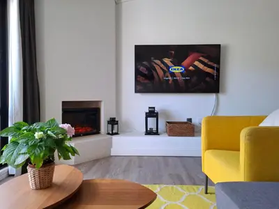 a living room with a couch and a fire place at Grey Heron Apartment in Quinta do Lago