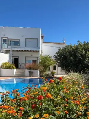 a house with a swimming pool and flowers at Casa Bravo in Querença