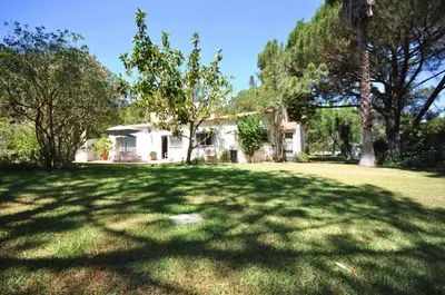 a house in the middle of a yard with trees at Fantastic outdoor area, private pool, Tennis Court Golf Practice Facility in Faro