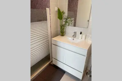 a bathroom with a sink and a mirror at Janelas Verdes 37 in Faro