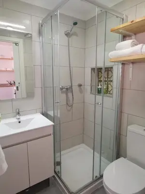 a bathroom with a shower and a toilet and a sink at Tiny House Faro in Faro