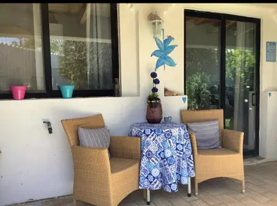 a blue table with a potted plant on it at Casa De Mondo in Boliqueime