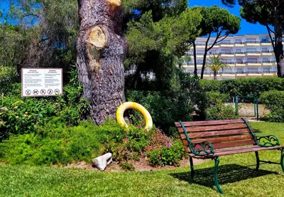 a park bench next to a tree with a yellow ring at FLH Vilamoura Summer Flat with Pool in Vilamoura