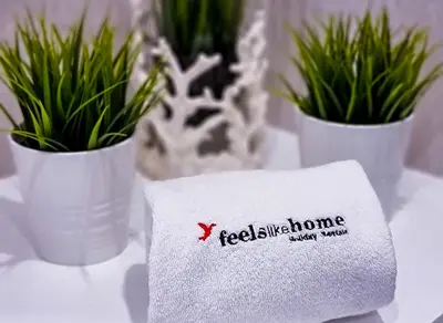 two white vases with plants in them on a table at FLH Vilamoura Summer Flat with Pool in Vilamoura