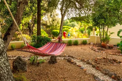 a hammock hanging from a tree in a garden at Casa Lusitania 19 in Faro