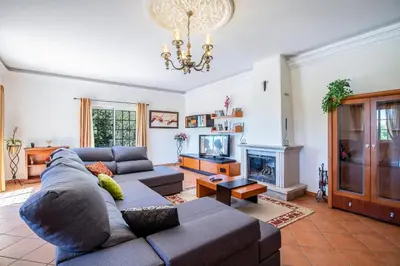 a living room with a couch and a fireplace at Monte das Palmeiras in Loulé