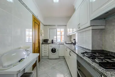 a white kitchen with a washer and dryer at Grevilias in Vilamoura