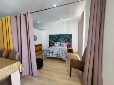 a bedroom with a bed and curtains in a room at Sun Apartment on the Beach in Albufeira