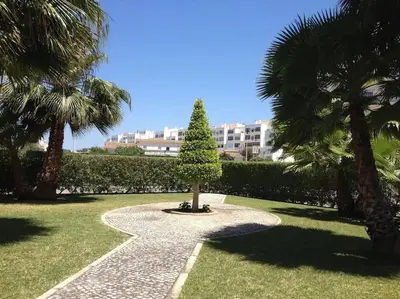 a small tree in a park with palm trees at Lindo apartamento junto à praia e à Marina de Vilamoura com Piscina e Wi-Fi in Quarteira