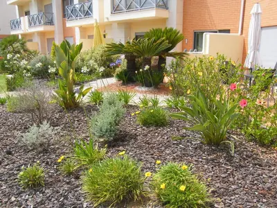 a garden in front of a building with plants at Luxurious first floor apartment with balconies overlooking pool and gardens. in Albufeira