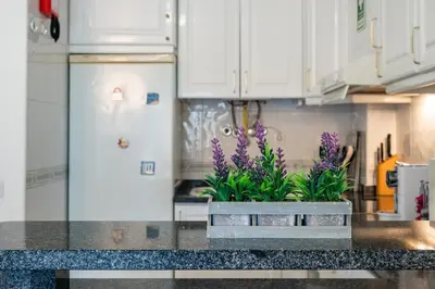 a kitchen with white cabinets and purple flowers on a counter at Pedra dos Bicos by Intiholidays in Albufeira