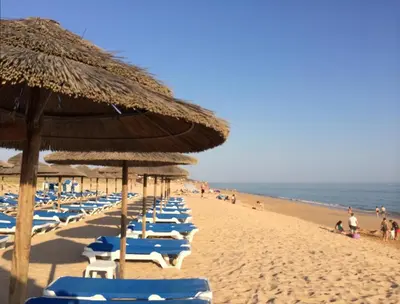 a row of beach chairs and umbrellas on a beach at Salgados - Vila das Lagoas in Guia