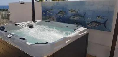 a white bath tub with a painting of fish on the wall at Villa Albuar in Patroves