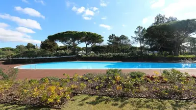 a swimming pool in a park with trees at Vila Leonor - Clever Details , Central Vilamoura, Sleeps 6, luxury, walking distance in Vilamoura