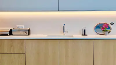 a kitchen counter with a sink and a mirror at Villa Emilia - Clever Details , Central Vilamoura, Sleeps 6, luxury, walking distance in Vilamoura
