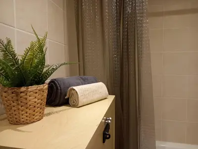 a bathroom with a plant on a counter next to a shower at ALDEIA DAS AÇOTEIAS VILLAGEs in Albufeira
