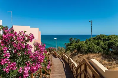 a wooden boardwalk leading to the beach with pink flowers at Appartement ALGARDEN Olhos d'Agua in Olhos de Água