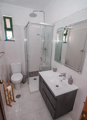 a bathroom with a sink and a shower and a toilet at Charming Private Rooms in an Apartment A1 Penha - Faro in Faro