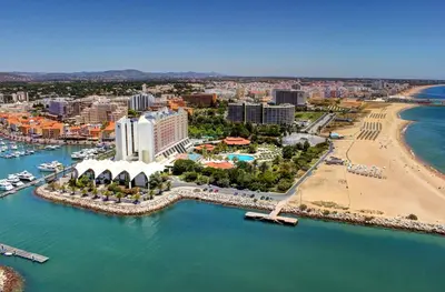 an aerial view of a resort and a beach at Marina Vilamoura Aquamar 304 By Vilamoura Sun in Vilamoura