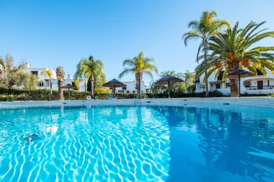 a large swimming pool with palm trees and houses at Apartment São Rafael 63 - Beach - Pool - Free wi-fi - Air Con in Albufeira