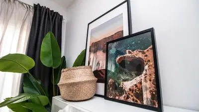 a framed picture on a shelf with a plant at Apartment close to golf, beaches, Quinta Lago, Vale Lobo, Quarteira and Vilamoura in Quinta do Lago