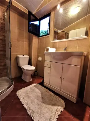 a bathroom with a toilet and a sink and a mirror at Casinha nas Açoteias in Olhos de Água