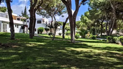 a lawn in front of a white house with trees at Casinha nas Açoteias in Olhos de Água