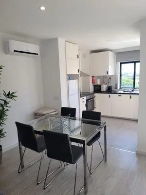 a kitchen with a glass table and chairs in a room at Apartamento T1 Salgados in Guia