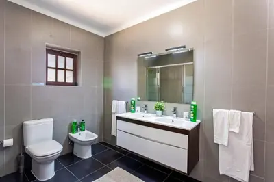 a bathroom with a toilet and a sink and a mirror at Villa Campos by Villa Plus in Guia