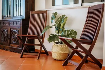two chairs and a potted plant in a room at One Bedroom Apartment Marina View in Albufeira