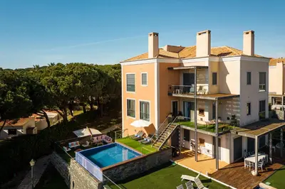an aerial view of a house with a swimming pool at Algarve Vale Lobo Golf&Beach with Private Pool I in Vale do Lobo