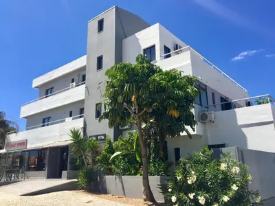 a white building with a palm tree in front of it at Agua Viva by Umbral in Albufeira