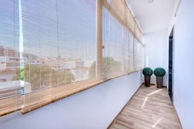 a hallway with a large window and two plants at Faro Center with AC & WiFi in Faro