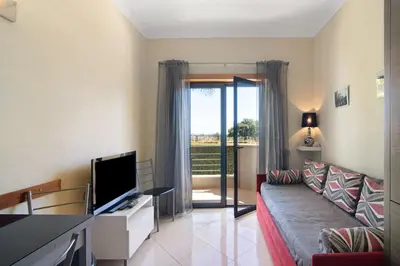 a living room with a couch and a television at Apartamento T1 - Em zona tranquila in Olhos de Água