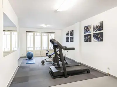 a gym with a treadmill and a exercise ball at Amazing Portuguese Villa Villa Heroine 6 Bedrooms Stunning Position in Albufeira