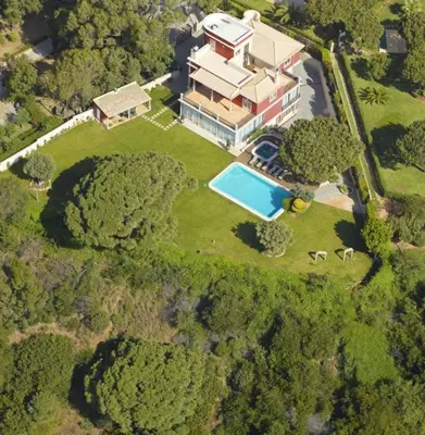 an aerial view of a house with a swimming pool at Amazing Portuguese Villa Villa Heroine 6 Bedrooms Stunning Position in Albufeira