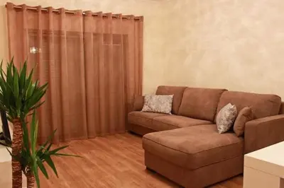 a living room with a brown couch and a plant at Apartment Amelo in Albufeira