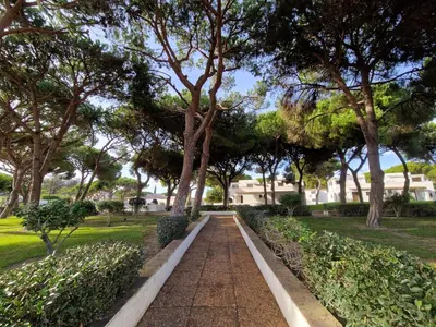 a walkway in a park with trees and a building at Paulo's 104 in Albufeira