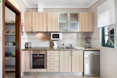 a kitchen with wooden cabinets and a microwave at Villa Catarina in Albufeira